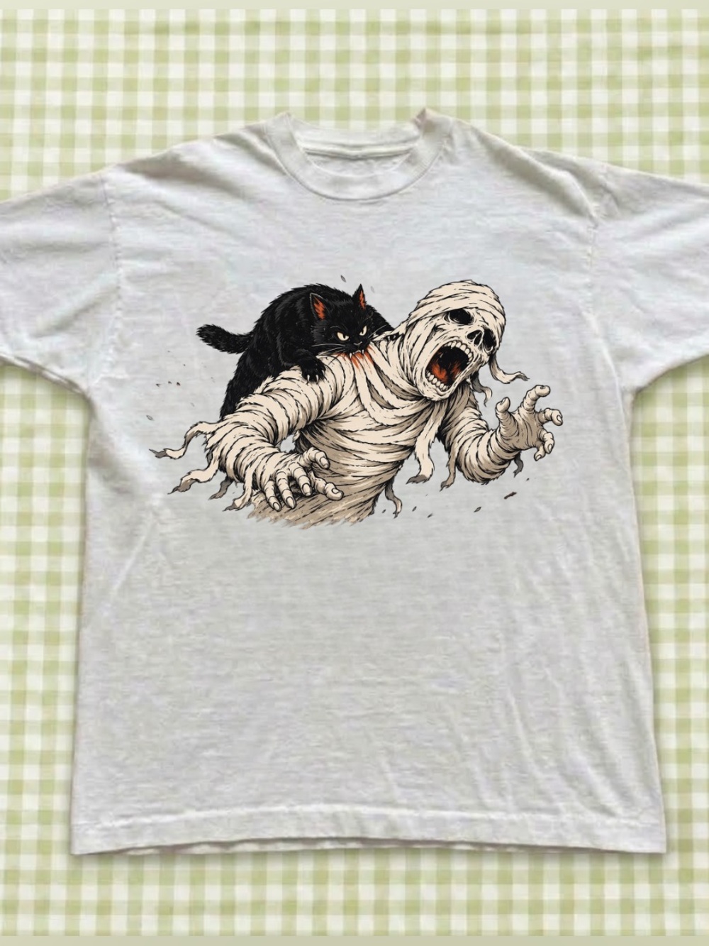 Gildan White Spooky Tee with Black Cat & Mummy Graphic
